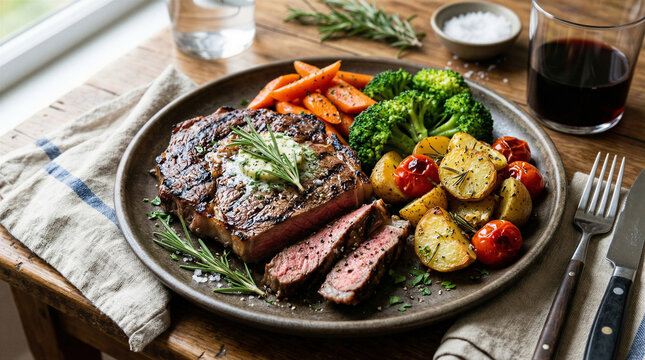 Grilled ribeye steak dinner with roasted vegetables