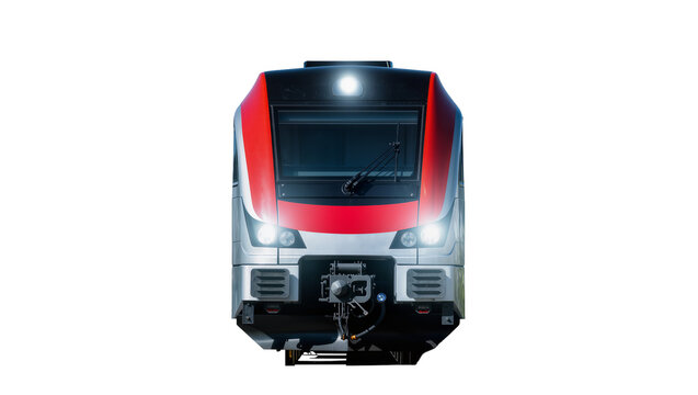 Modern red high-speed train front, featuring multiple headlights and complex mechanical details
