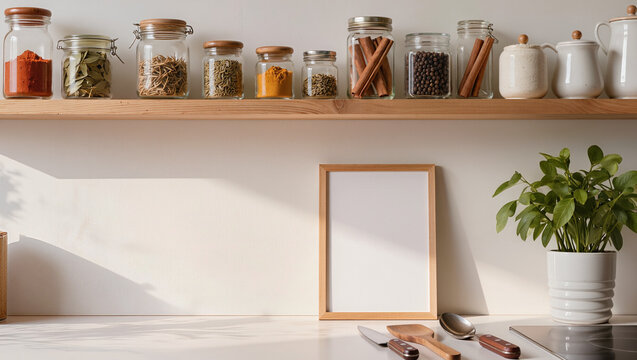 Minimalist Kitchen Counter with Spice Jars, Plant, and Blank Frame