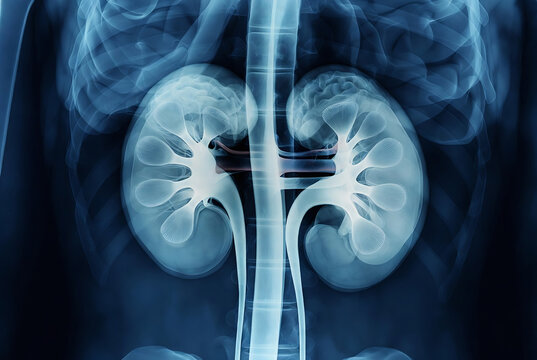 Kidneys, an X-ray image of the human kidneys and ureters.