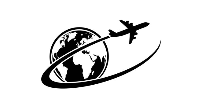 Black silhouette of airplane flying around the Earth globe on white background plane world travel