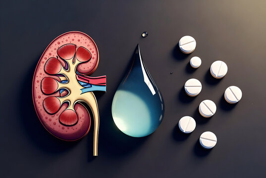 A human kidney and a droplet of water are depicted alongside pills, suggesting a focus on renal health and medication.