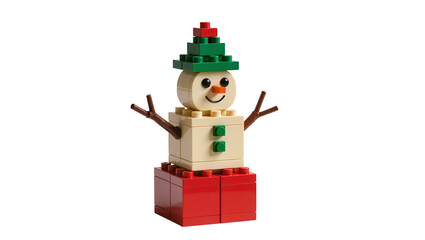 Red brick base supports playful snowman figure, topped with green foliage and tiny red ornament © Eva