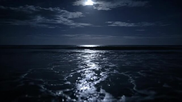 A serene ocean scene, under a bright, full moon and a sky filled with clouds