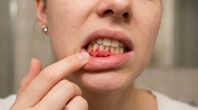 Close-up of a young woman's mouth and lips as she examines red bleeding gums, dental health concept focusing on gingivitis, periodontitis, and oral hygiene issues