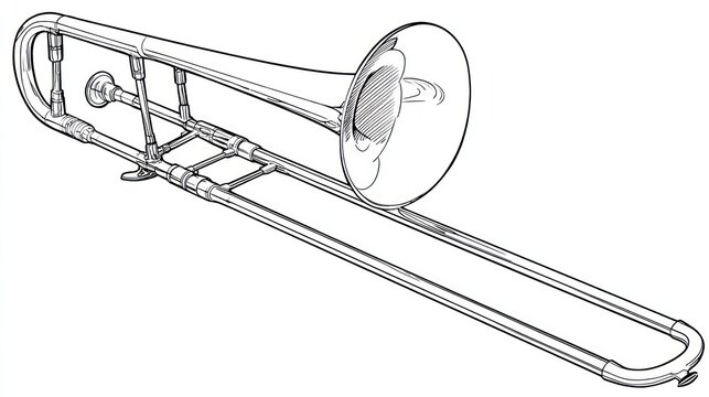 Line drawing of a trombone instrument with a bell, slide, and various mechanical parts