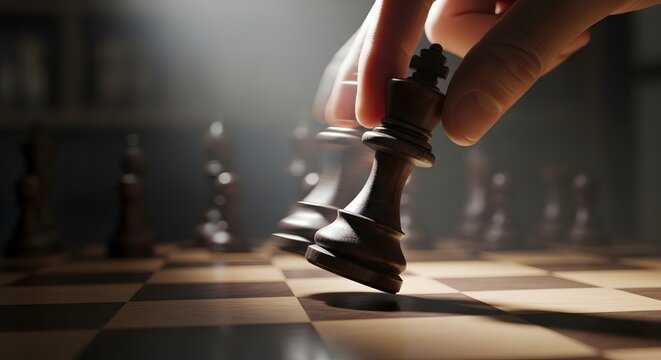 Player Moves Kings on a Checkered Board, Indoor Setting with Dramatic Lighting