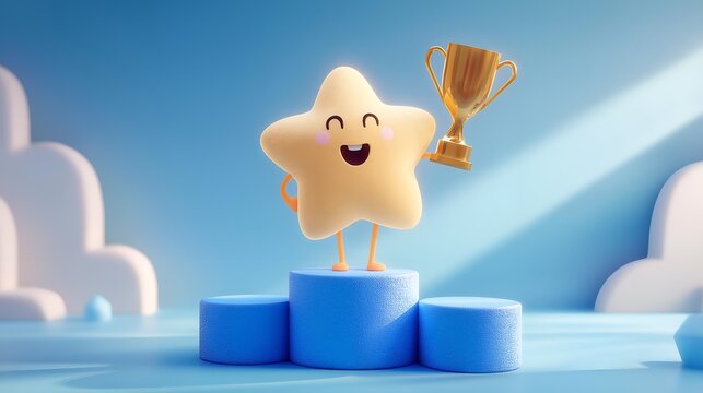 Cheerful cartoon star character holding a trophy, celebrating achievement in a whimsical, colorful environment.