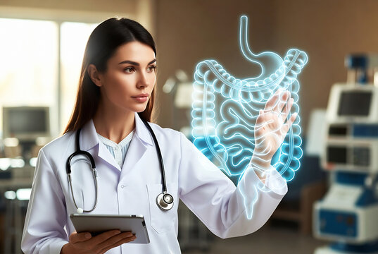 A female doctor is examining a holographic projection of the human digestive system while holding a tablet. The scene is a modern medical office.