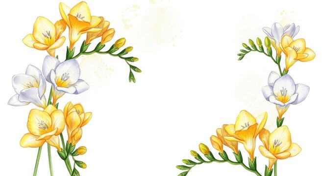 Soft watercolor freesia flowers in yellow and white on white background mother's day background wallpaper poster banner download 2026 2027