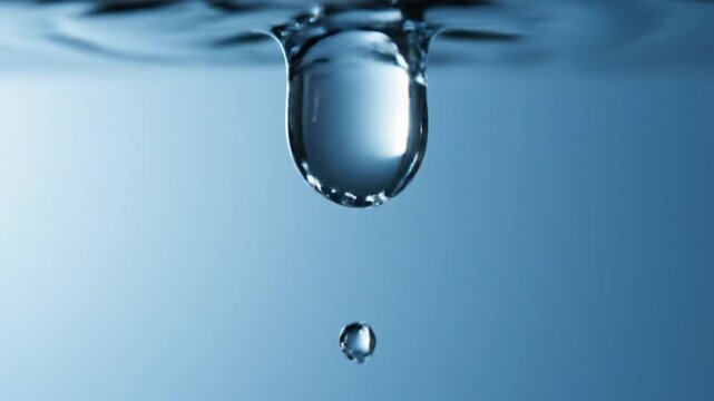 Macro shot of clear water droplet falling against blue background