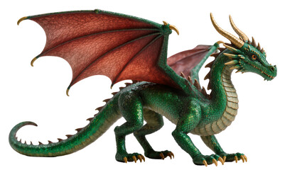 Fototapeta premium Green scaled dragon crimson wings sharp horns, and menacing teeth