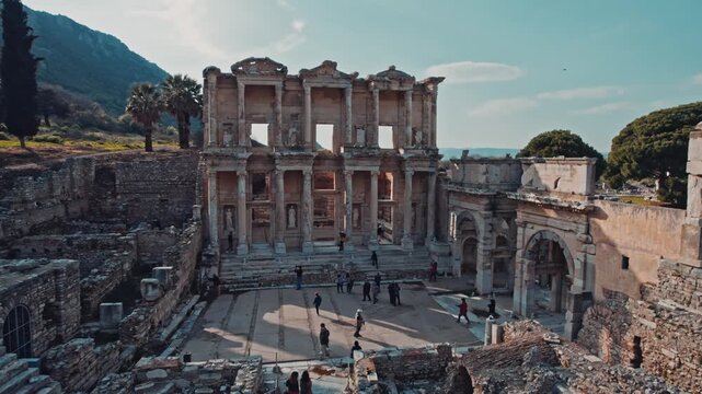 Wide cinematic view of the Library of Celsus in the ancient city of Ephesus, Izmir, Turkey. Iconic Roman ruins, historic architecture and travelers under clear daylight sky and palm trees.