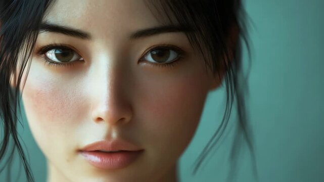 Close-up view of a face with dark hair and brown eyes in a plain background setting during daylight