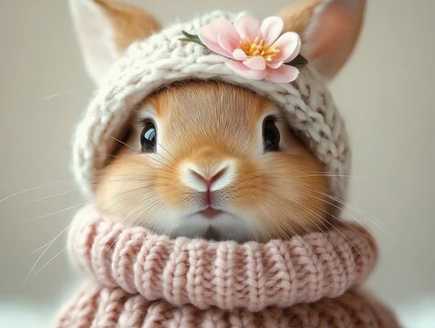 Cute bunny wears a cozy hat and sweater while looking at the camera in a bright room