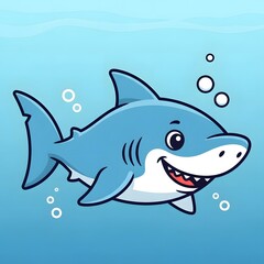 Obraz premium Cute cartoon shark swimming in clear blue ocean water with playful bubbles, illustration