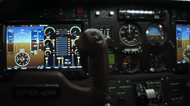 cockpit of a small aircraft, focused on the instrument panel and flight controls.

Key details:
In the center is a digital flight display (glass cockpit screen) showing critical flight data such as at
