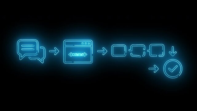 Neon-lit flowchart diagram with glowing blue icons on a black background illustrating a process or workflow.