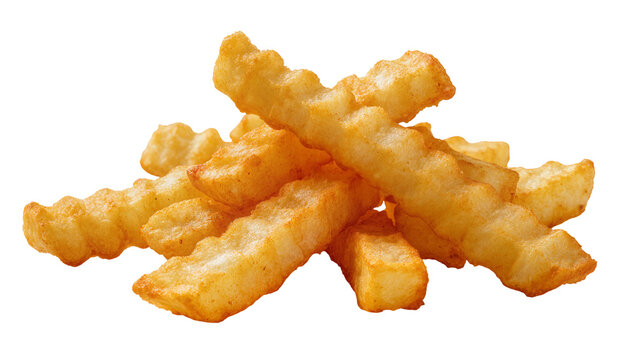 Crispy seasoned crinkle cut potatoes, golden brown snack food pile