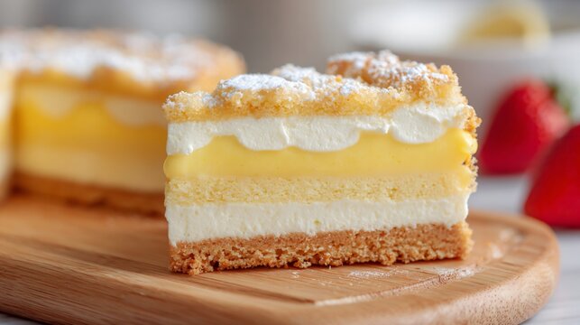 A thick pastry cream custard filling layered inside a cake slice