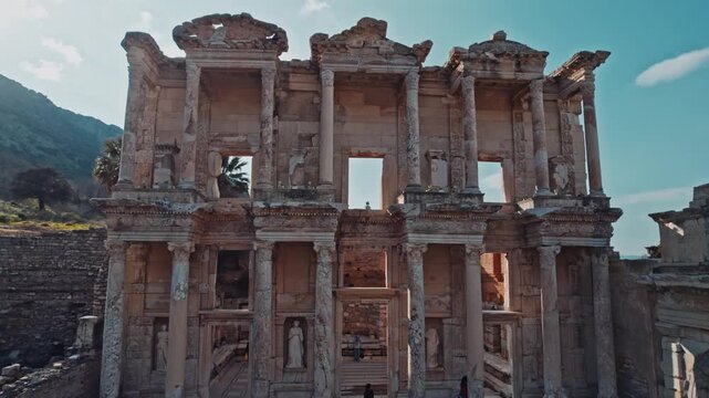 Wide cinematic view of the Library of Celsus in the ancient city of Ephesus, Izmir, Turkey. Iconic Roman ruins, historic architecture and travelers under clear daylight sky and palm trees.