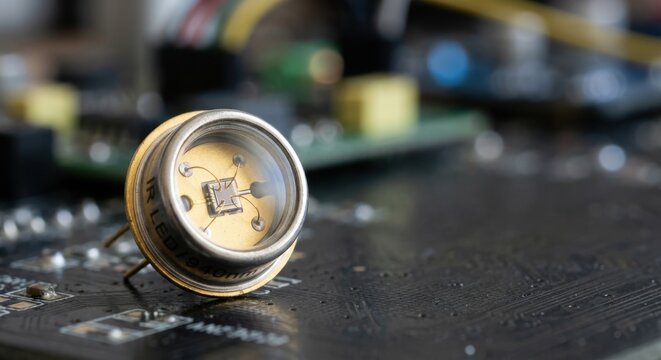 Detailed closeup of a gold-colored electronic component with a microchip inside, resting on a dark textured surface with blurred circuitry in the background