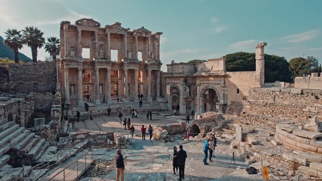 Wide cinematic view of the Library of Celsus in the ancient city of Ephesus, Izmir, Turkey. Iconic Roman ruins, historic architecture and travelers under clear daylight sky and palm trees.
