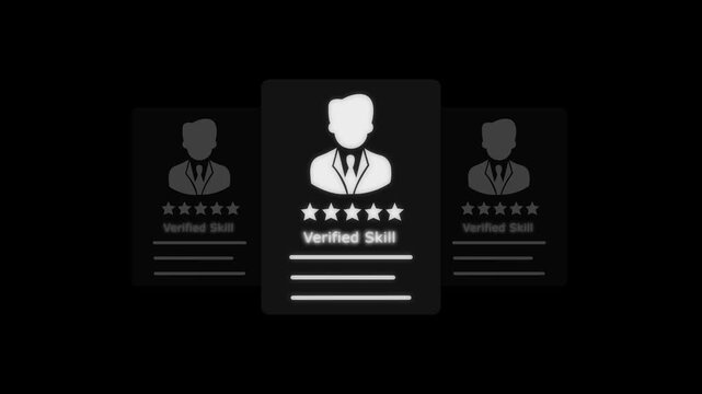 Verified Skill Identity Card with Avatar Icon top performer five stars feedback review customer trust on Dark Background.