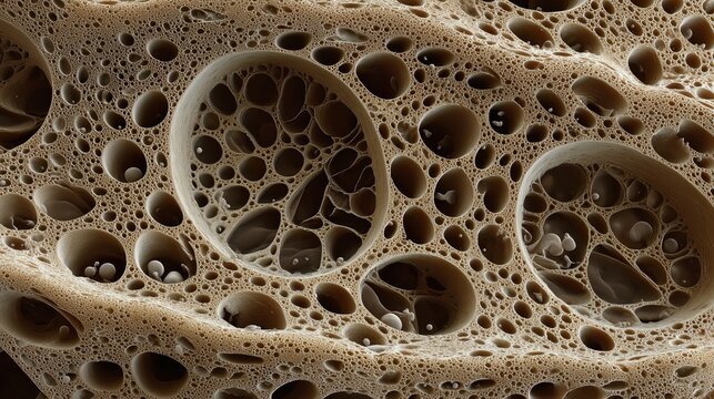 Close-up of porous brown sponge with intricate holes and bubbly textures showcasing detailed surface patterns