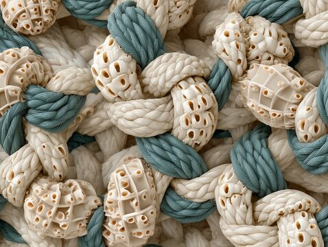 Close-up of intertwined white and blue ropes with textured wooden bead accents, creating a nautical decorative pattern