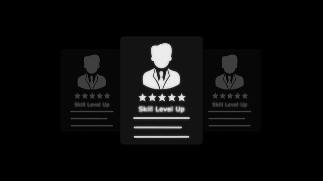 Digital achievement card with skill level up and star rating experience points career growth performance tracking digital badge character stats.