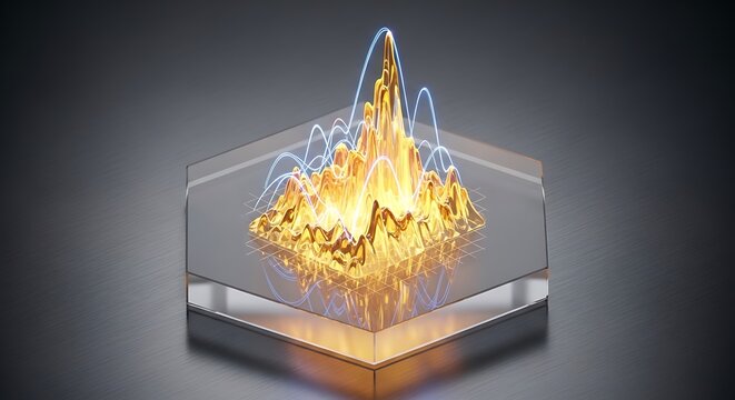 Digital terrain data visualization on hexagonal glass base with glowing gold peak and blue waves.