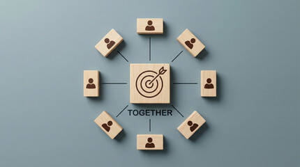 Obraz premium teamwork concept with connected people icons around target symbol representing collaboration strategy goal alignment and business networking ideal for leadership planning marketing and growth visuals 