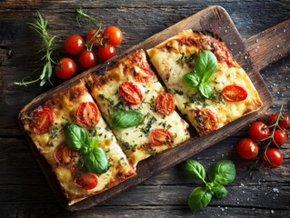 Rustic homemade pizza with cheese tomato and basil on wooden board italian food concept