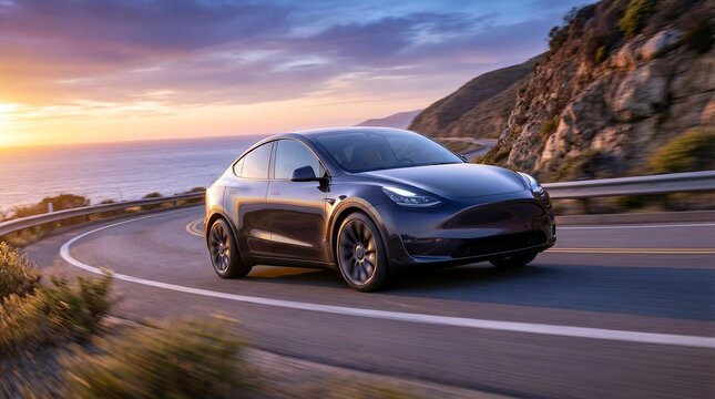 Electric crossover driving on scenic coastal road at sunset