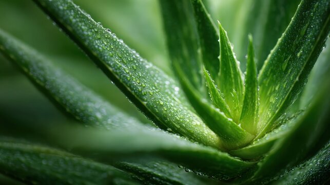 Laboratorystyle closeup of aloe leaf showing microstructure, water droplets and textured epidermis under crisp lighting, clinical mood suitable for research, ingredient validation, botanical science