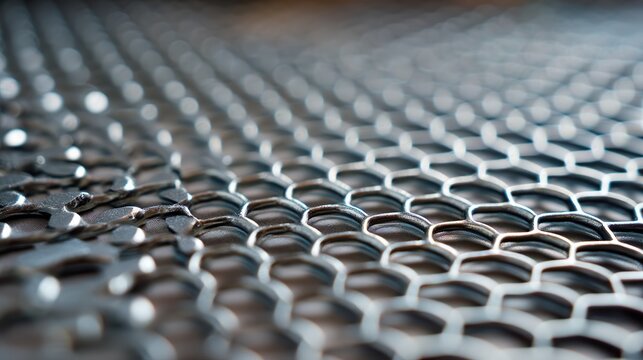 Abstract close-up of metallic honeycomb pattern with reflective surface and intricate geometric design