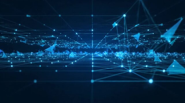 A perspective view of interconnected dots forming a grid pattern in shades of blue. The dots are connected by lines, creating a network