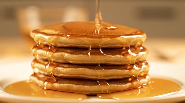 A stack of fluffy golden pancakes is drizzled with warm, glistening maple syrup, a breakfast treat