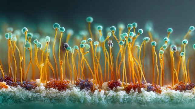 Vibrant golden stalks under high magnification with soft green background, delicate bulb tips and porous base, prototype transdermal patch aesthetics, warm color gamut and fine surface granularity