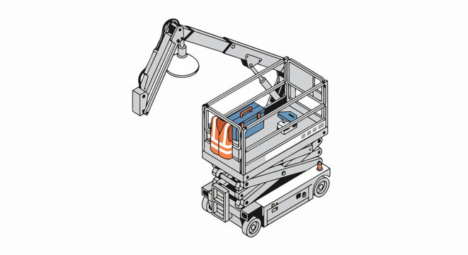 Isometric Scissor Lift Aerial Work Platform with Boom Arm, Safety Vest, and Toolbox; Industrial Equipment Illustration