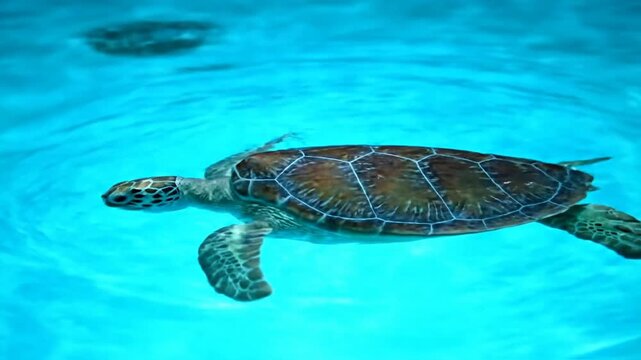 A sea turtle swims in bright blue water, sunlight playing on the surface. Its patterned shell and flippers are visible