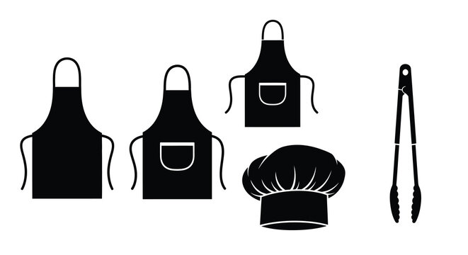 Black kitchen aprons chef s hat and tongs in a stark silhouette