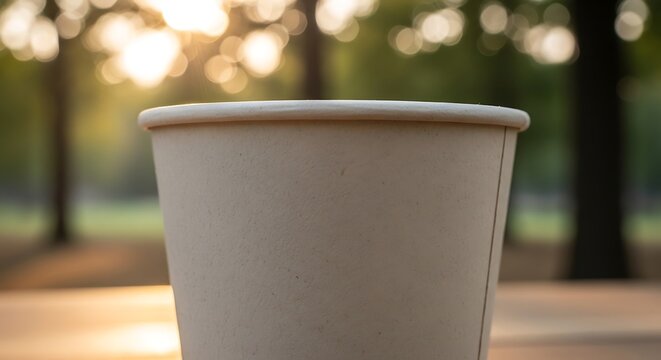 A single paper cup for beverages rests on a wooden surface during a golden hour sunset in a park with blurred trees and golden light creating a warm atmosphere for enjoying a takeaway drink