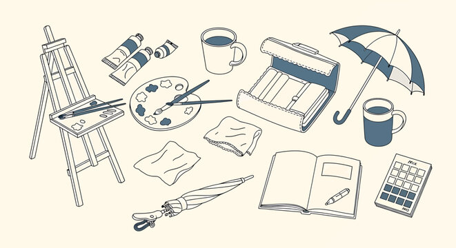 Whimsical sketch collection giraffe backpacks and travel accessories isolated on transparent background