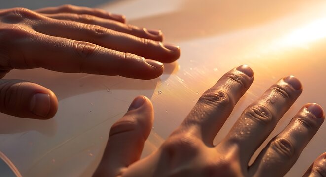 Gentle human hands reaching across a shimmering surface reflecting warm sunlight with a gentle glow on the skin evoking feelings of warmth connection and discovery