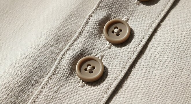 Close up view of beige textured fabric showing several round apparel fasteners with visible stitching detail and a soft natural drape highlighting clothing construction and garment design