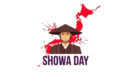 Showa Day celebration graphic, Japanese man in traditional conical hat and kimono, red map of Japan with ink splatter background on white