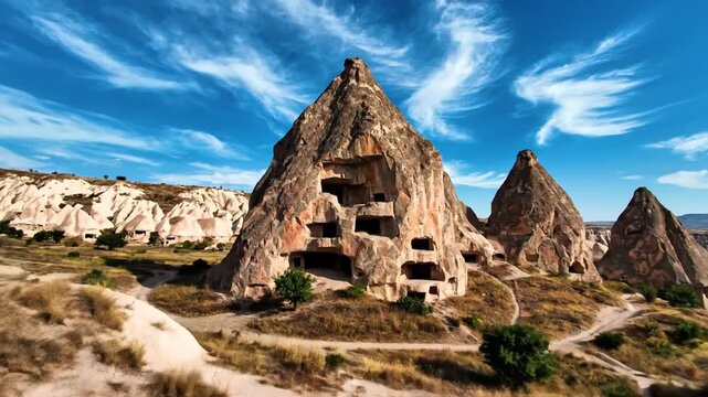 Ancient cave dwellings carved into fairy chimneys in Cappadocia Turkey