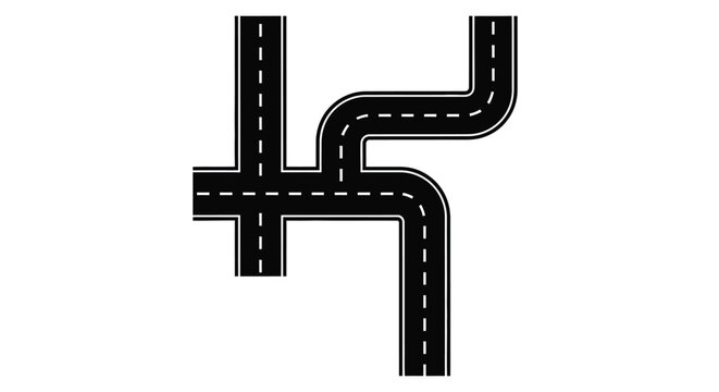 Aerial view of a black road intersection with sharp turns on a white background